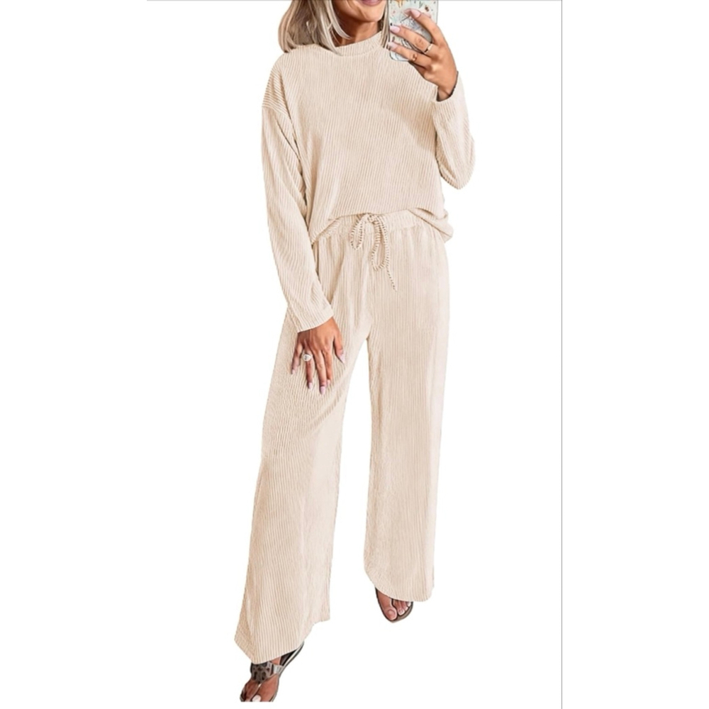 NEW 2 Pc Lounge Travel Outfit Ribbed Knit Long Sleeve Wide Leg L